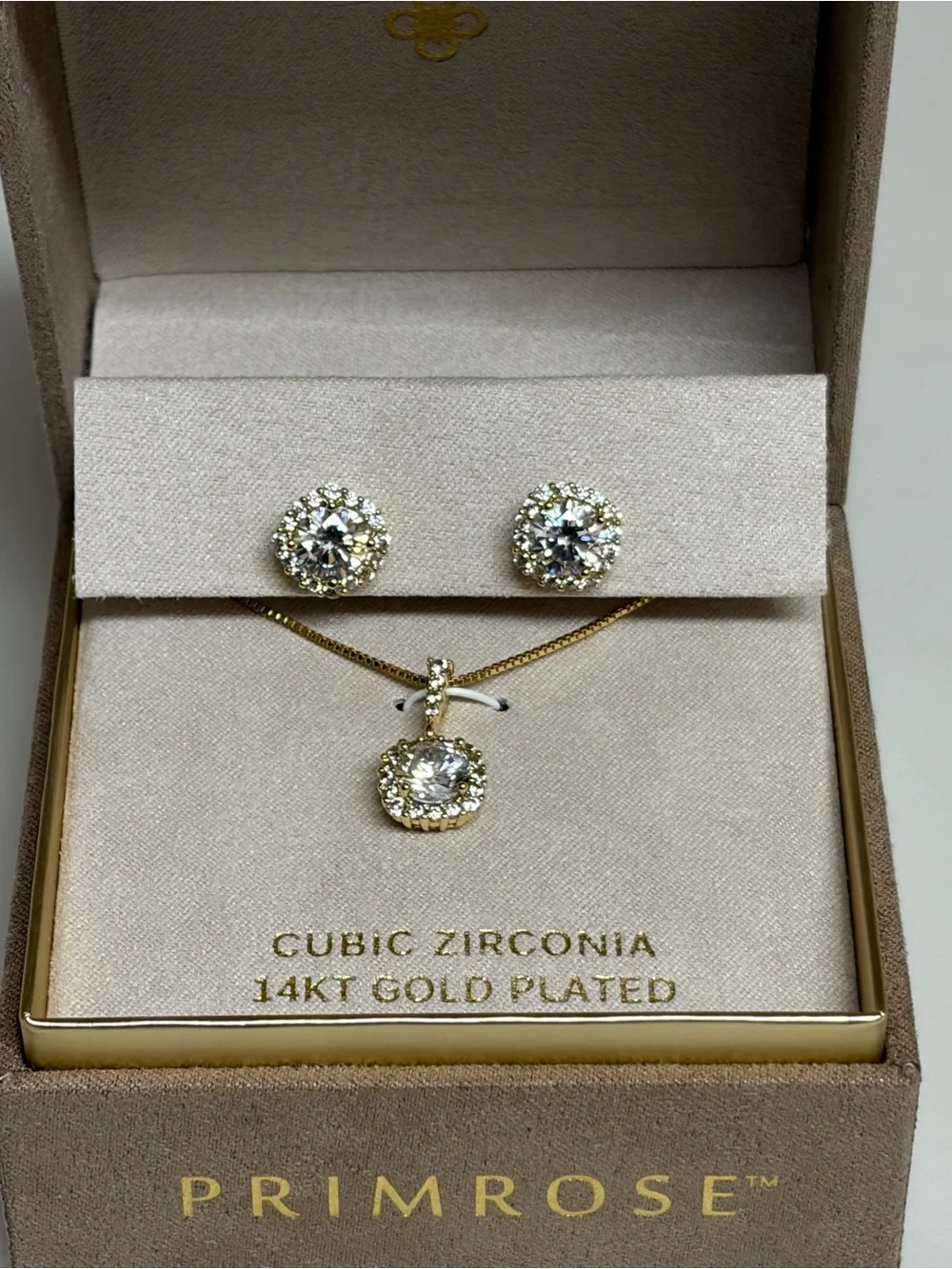 Promrose Gold-Tone Round Cubic Zirconia Pendant & Stud Earrings Set - Clear